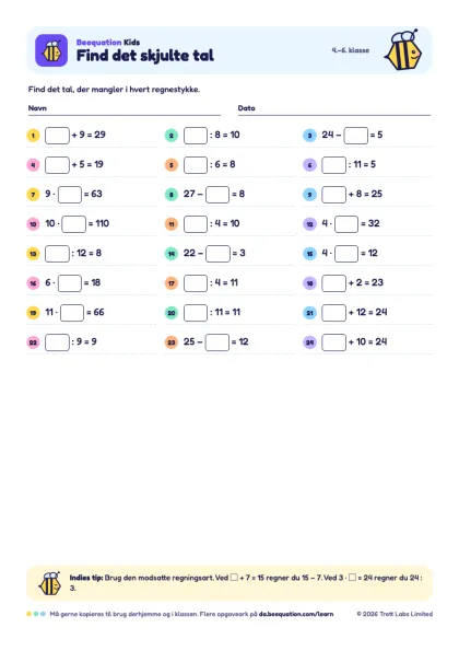 Forhåndsvisning af opgavearket »Find det skjulte tal«