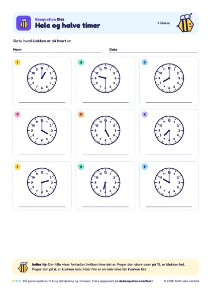 Forhåndsvisning af opgavearket »Hele og halve timer«